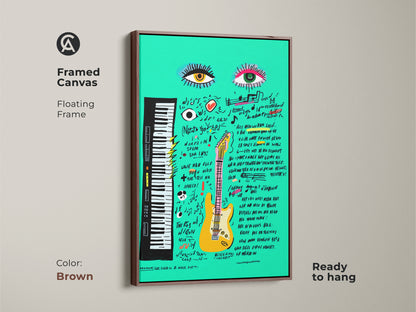 Framed teal guitar Pop Art canvas with brown floating frame. This abstract music artwork is ready to hang. Its perfect for adding an eclectic touch to any room. A great musician gift.