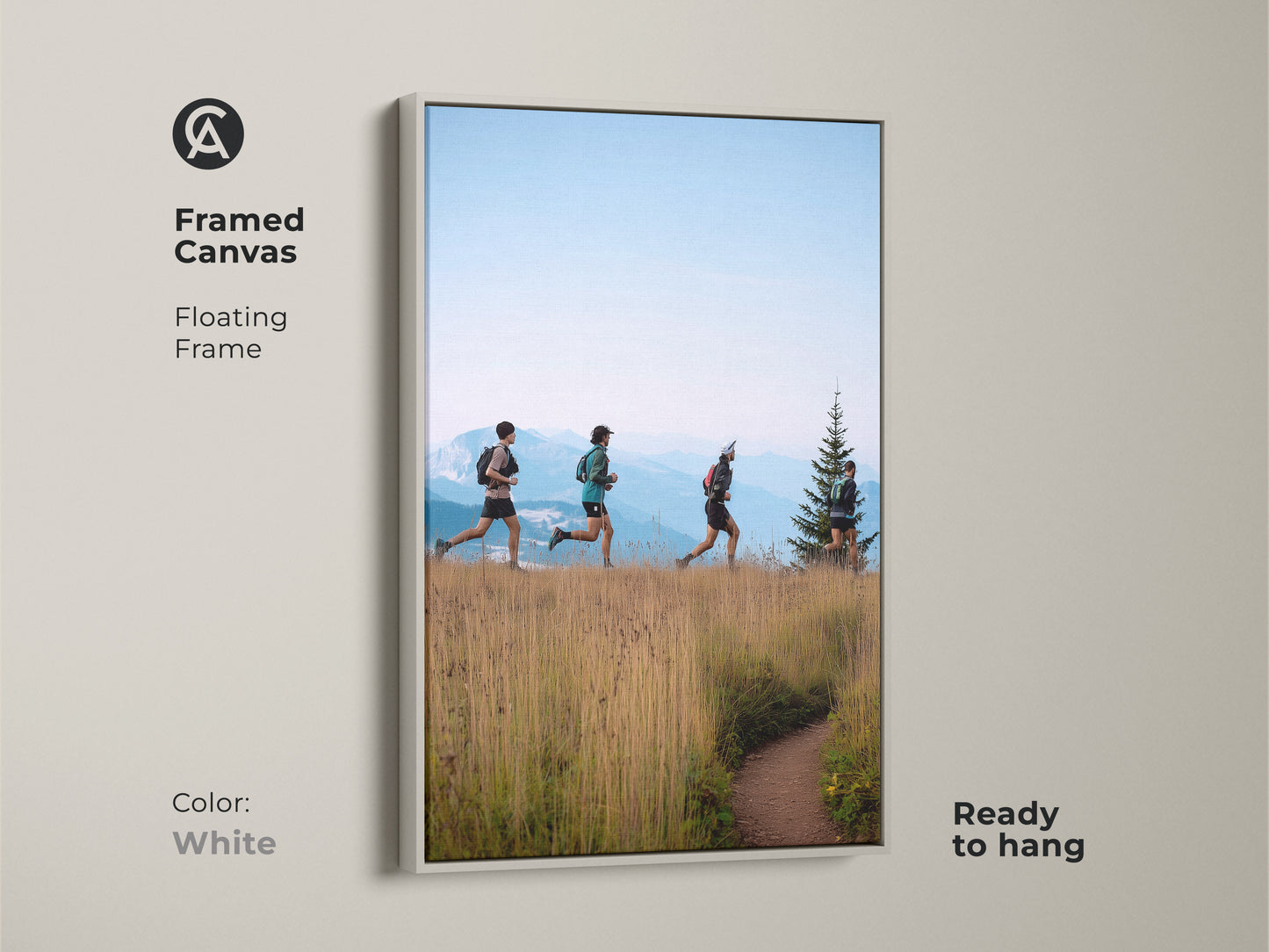 A white framed canvas print of trail runners on a mountain path. This ready-to-hang artwork offers a modern outdoor feel. Earthy brown and sky blue tones create a serene landscape. Ideal for residential landscape painting and athletic home decor. Perfect as a gift for hikers and outdoor enthusiasts.