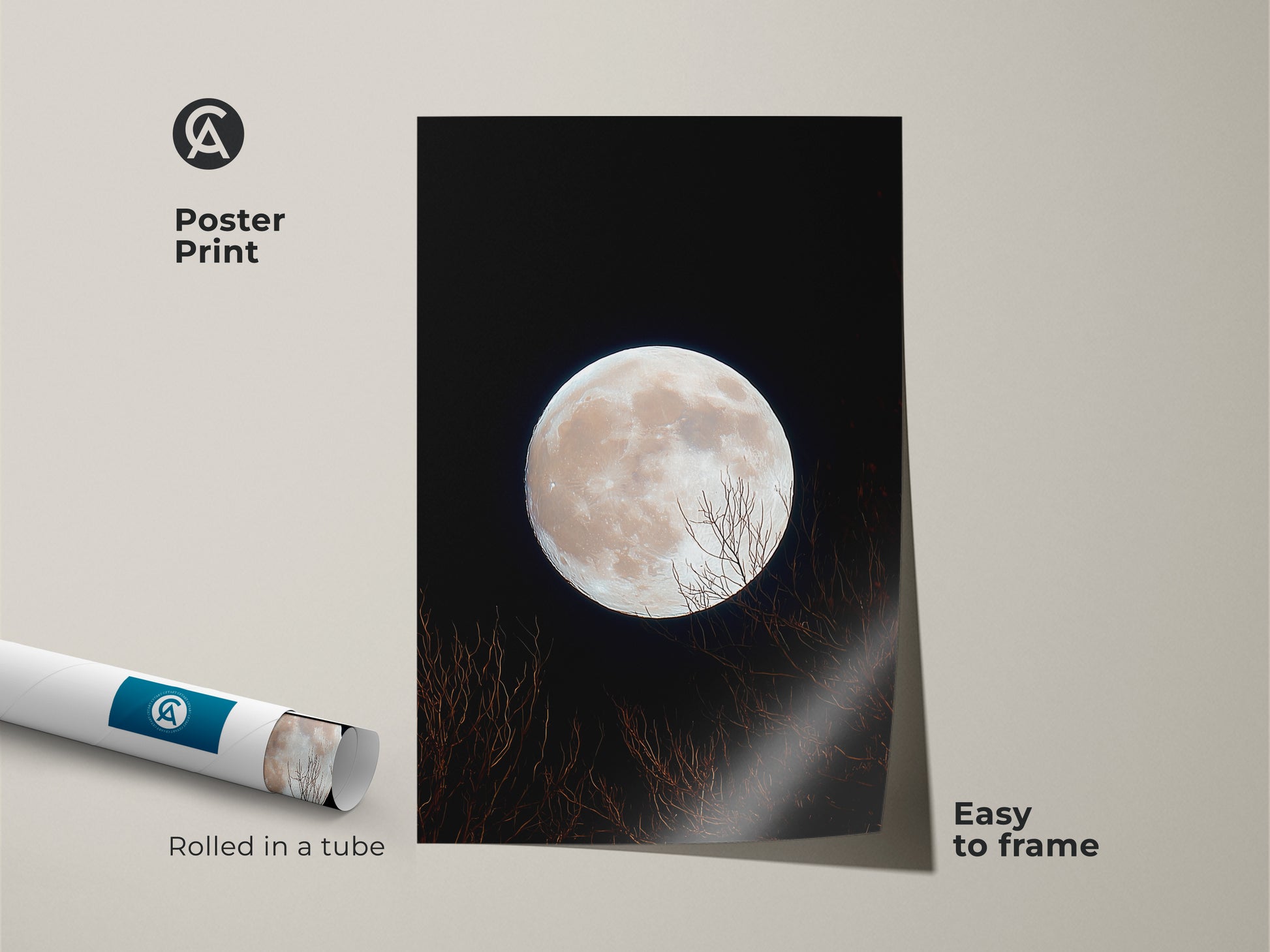 A rolled poster print featuring a full moon. The moon artwork is easy to frame. This poster is rolled in a protective tube. The bright moon contrasts with the dark night. Bare branches add a natural element.