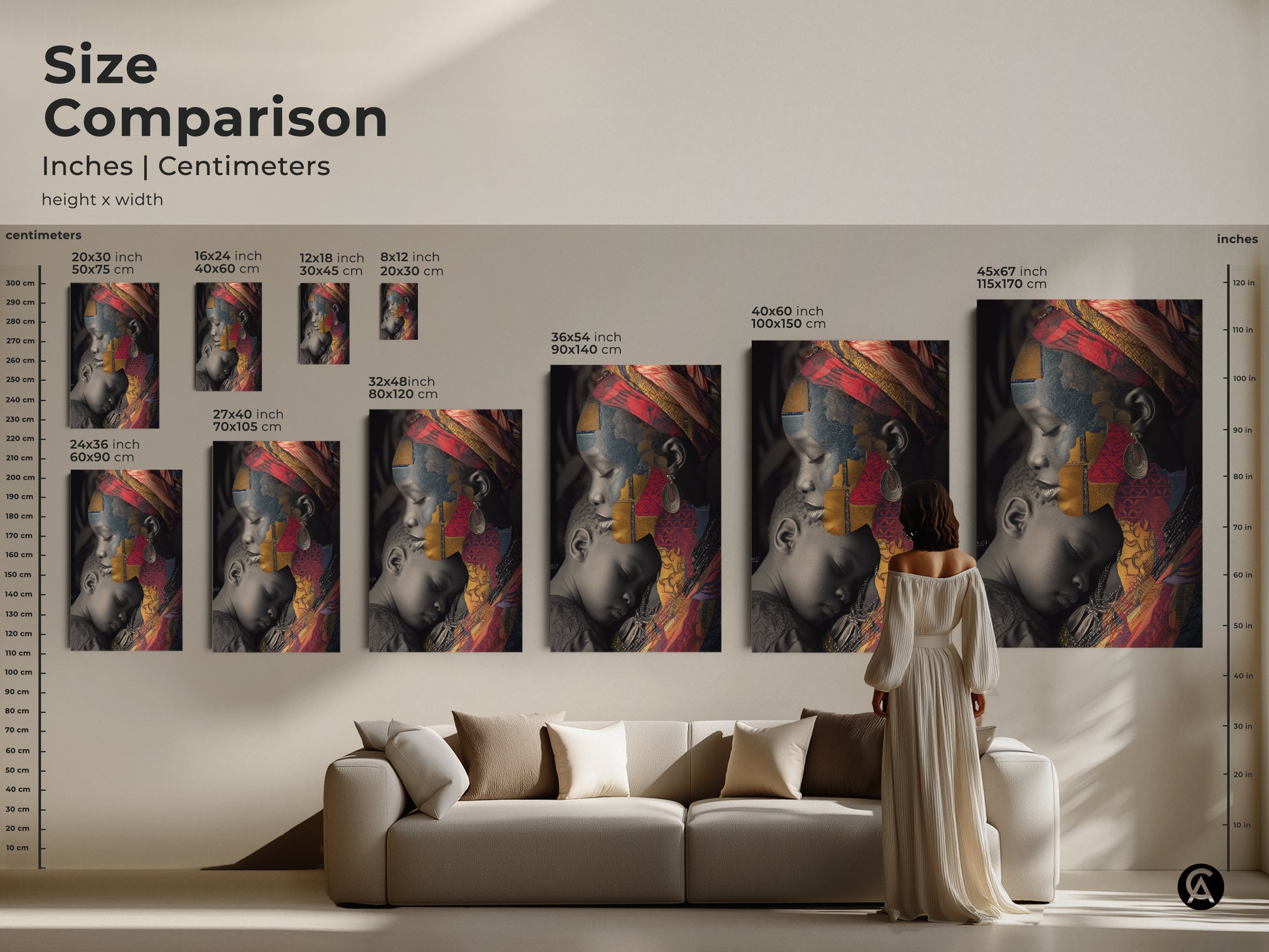 Size comparison of the African Mother and Child cultural collage art print. Various sizes are displayed in inches and centimeters. Perfect for eclectic wall decor this artwork brings a unique family portrait to any living space.