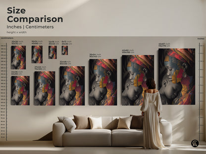 Size comparison of the African Mother and Child cultural collage art print. Various sizes are displayed in inches and centimeters. Perfect for eclectic wall decor this artwork brings a unique family portrait to any living space.