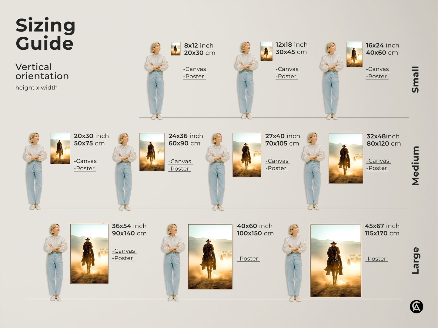Sizing guide for vertical cowboy art featuring a Western cowboy on horseback. Options are canvas and poster. Select the perfect size for your space from small medium and large. Find the ideal fit for your rustic home or office decor.