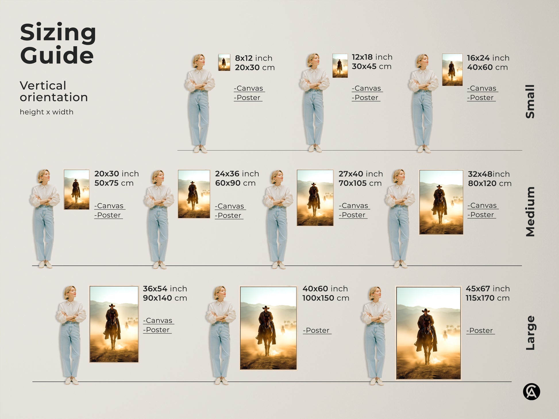 Sizing guide for vertical cowboy art featuring a Western cowboy on horseback. Options are canvas and poster. Select the perfect size for your space from small medium and large. Find the ideal fit for your rustic home or office decor.