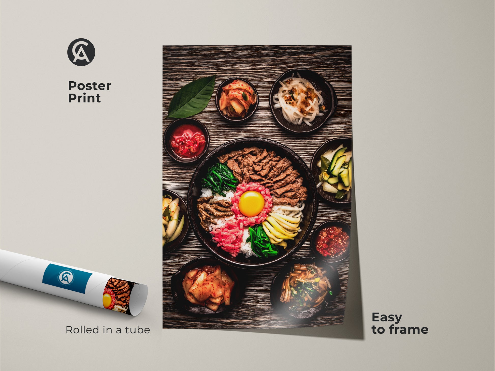 Easy to frame poster print showcasing realistic Bibimbap artwork Korean gourmet food photography. The poster is rolled in a tube for protection. This contemporary kitchen wall decor makes a thoughtful housewarming gift.