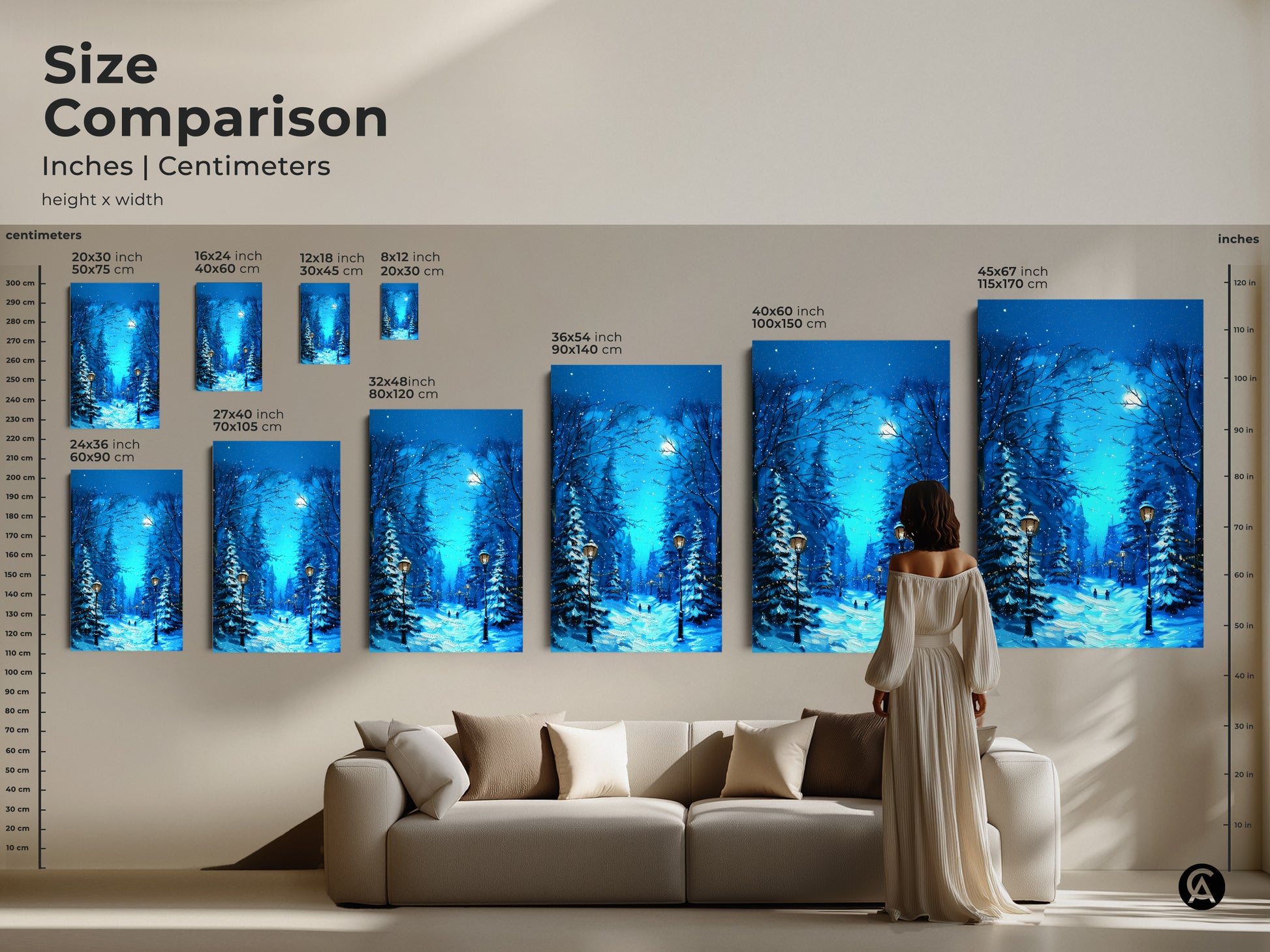 Size comparison of deep blue snowy forest art in inches and centimeters. This winter forest canvas art is perfect for cozy Christmas decor. Envision the moonlit night painting in various sizes. Find the ideal fit for your space. It's a thoughtful holiday gift for her. The snow covered trees art brings winter magic indoors