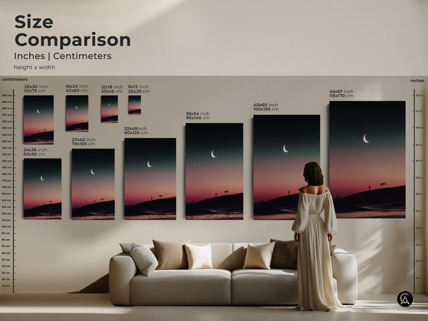 Size comparison of surreal moon wall art prints. This dark teal and pink canvas shows how the artwork scales in inches and centimeters. See the impact of this minimalist landscape in different sizes for your home.