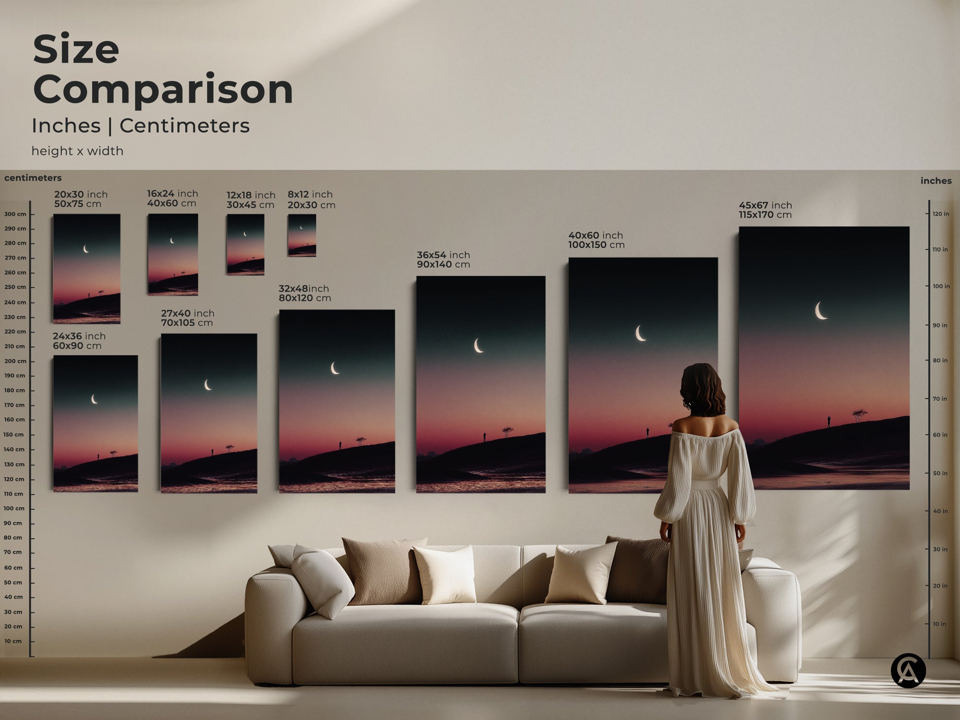 Size comparison of surreal moon wall art prints. This dark teal and pink canvas shows how the artwork scales in inches and centimeters. See the impact of this minimalist landscape in different sizes for your home.