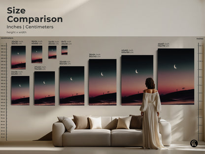 Size comparison of surreal moon wall art prints. This dark teal and pink canvas shows how the artwork scales in inches and centimeters. See the impact of this minimalist landscape in different sizes for your home.