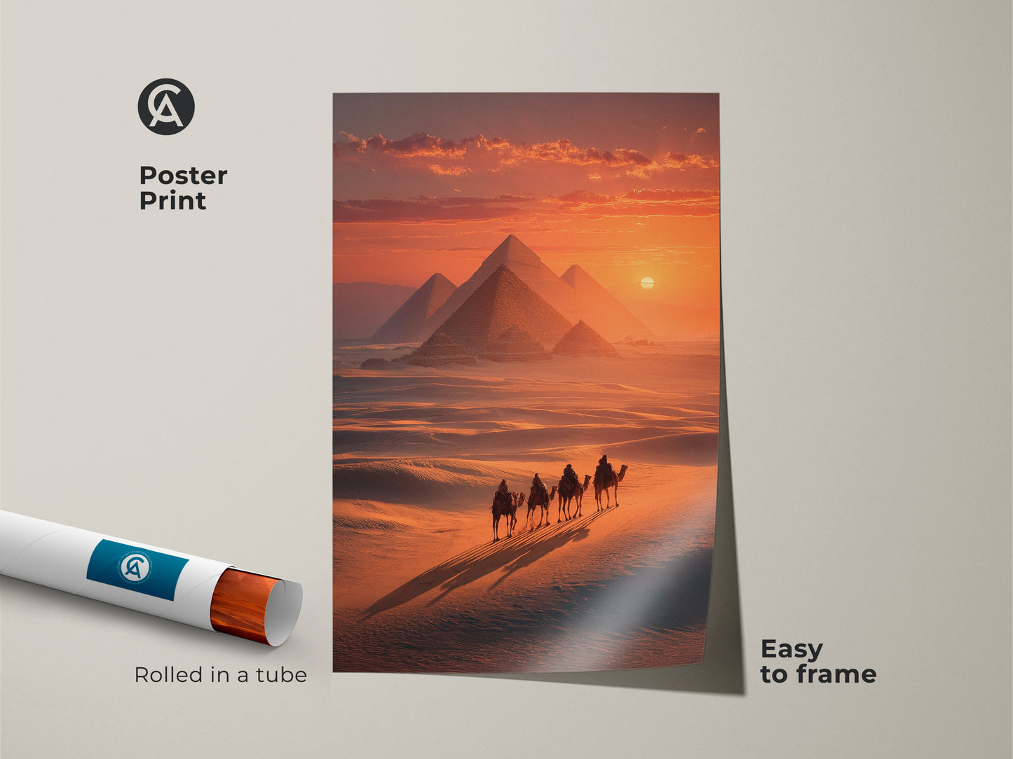 See the Egypt Pyramids Camel Sunset art print on poster paper. Rolled in a tube this desert landscape is easy to frame. The artwork captures the essence of ancient history with pyramids a camel caravan and warm colors. Museum-quality paper ensures a stunning display in any home.