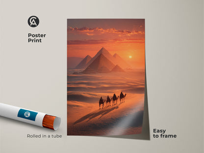 See the Egypt Pyramids Camel Sunset art print on poster paper. Rolled in a tube this desert landscape is easy to frame. The artwork captures the essence of ancient history with pyramids a camel caravan and warm colors. Museum-quality paper ensures a stunning display in any home.