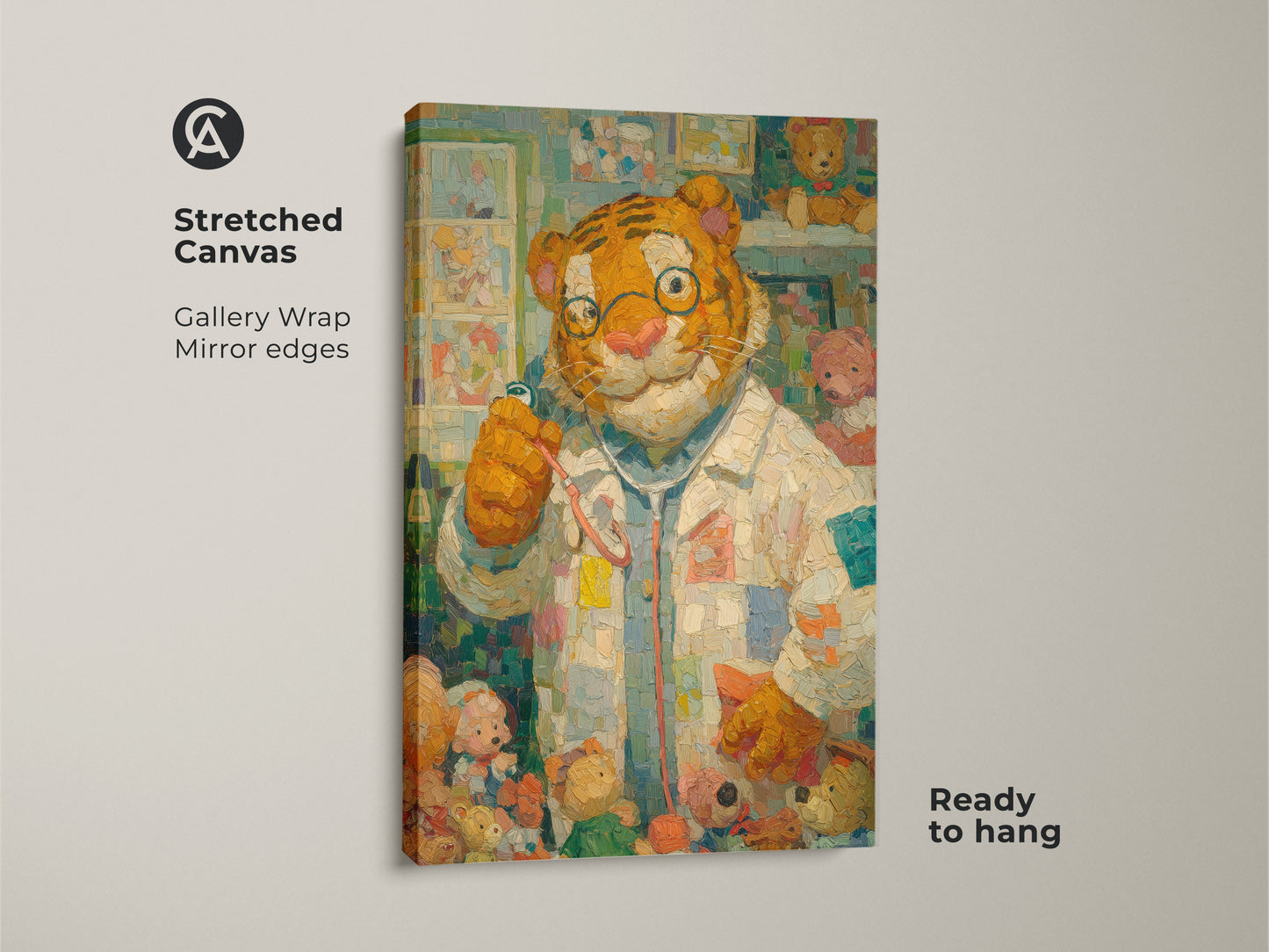 Stretched canvas print of a tiger doctor with teddy bears. The gallery wrap and mirror edges offer a modern look. This ready-to-hang art adds character to any space. Get this playful animal art today