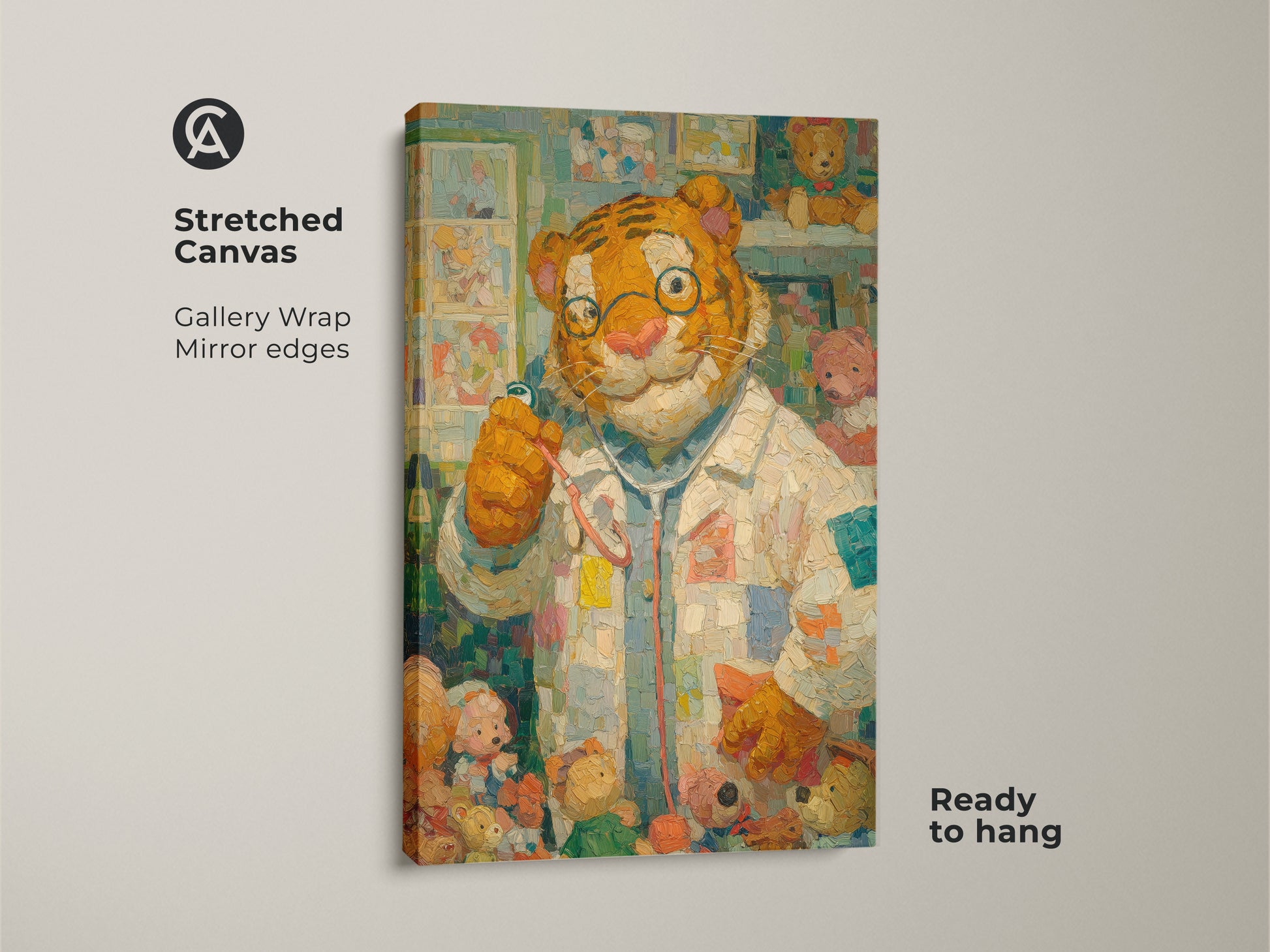 Stretched canvas print of a tiger doctor with teddy bears. The gallery wrap and mirror edges offer a modern look. This ready-to-hang art adds character to any space. Get this playful animal art today