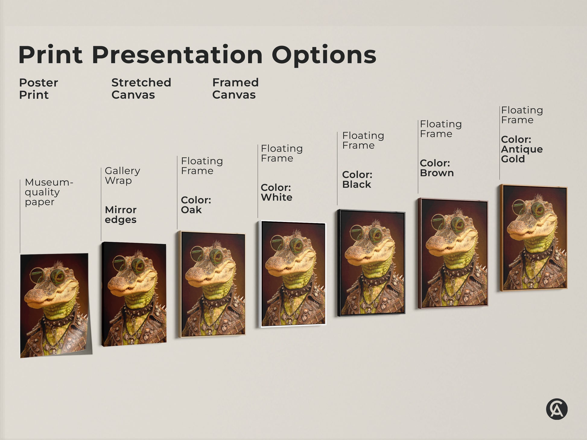Print Presentation Options. Poster Print. Stretched Canvas. Framed Canvas. Stretched Canvas with Gallery Wrap Mirror edges. Framed Canvas floating frame in Oak White Black Brown Antique Gold frames. Perfect for man caves and living rooms.