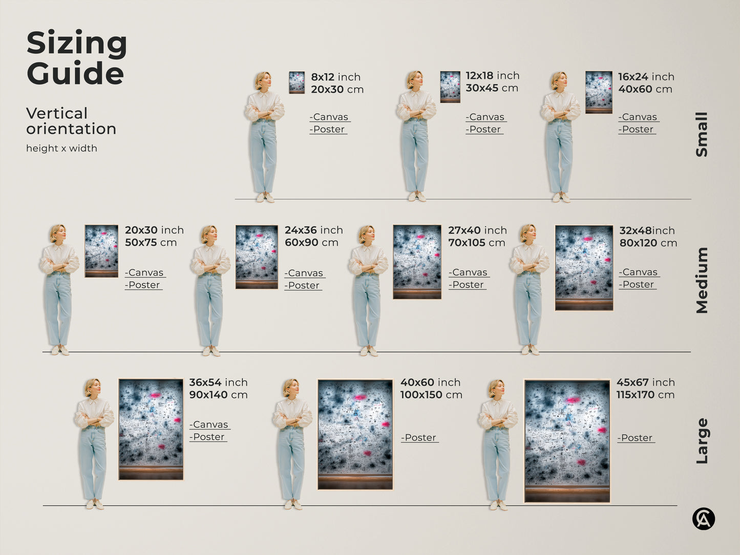 Sizing guide for vertical abstract math equations artwork. Available in small medium and large sizes. Options include canvas and poster prints. Find the ideal fit for your space and style.