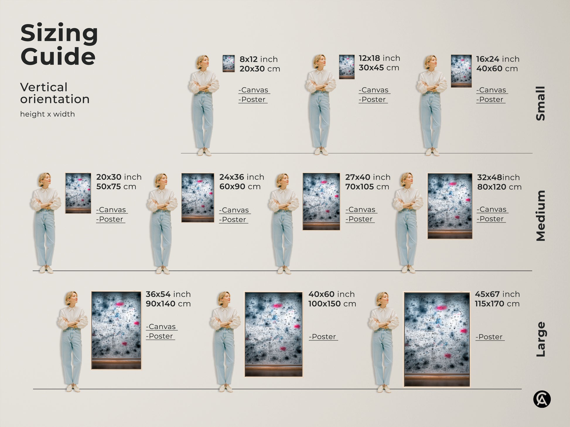 Sizing guide for vertical abstract math equations artwork. Available in small medium and large sizes. Options include canvas and poster prints. Find the ideal fit for your space and style.