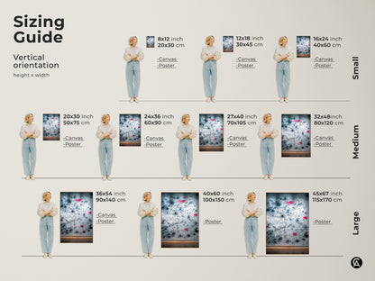 Sizing guide for vertical abstract math equations artwork. Available in small medium and large sizes. Options include canvas and poster prints. Find the ideal fit for your space and style.
