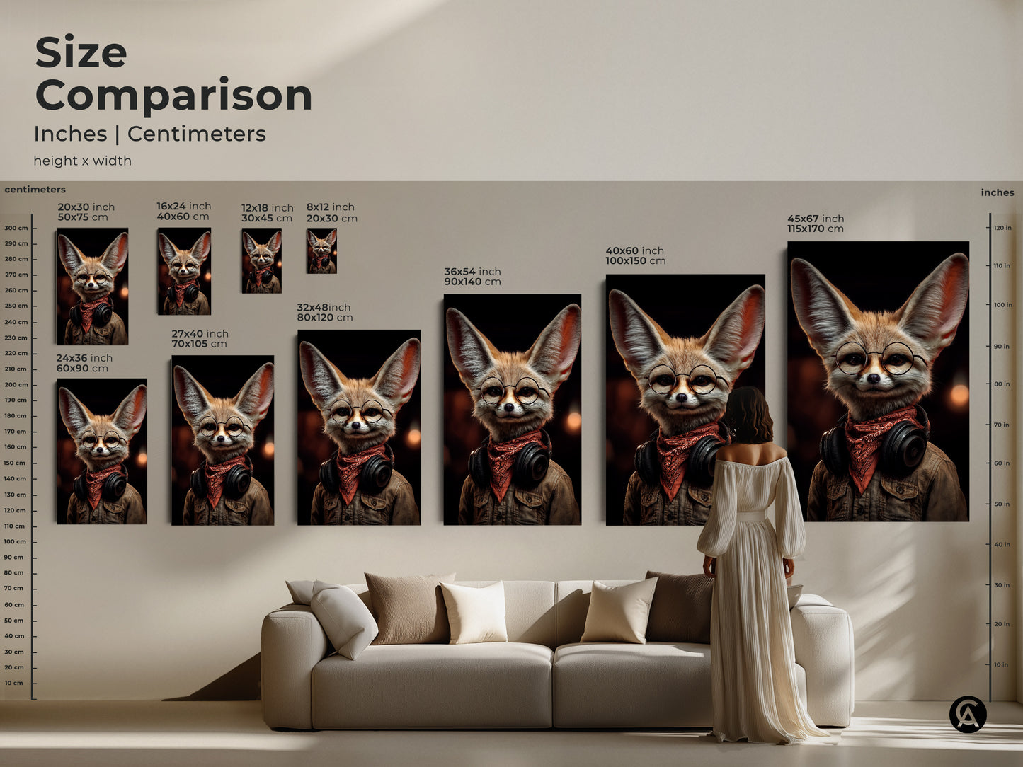 Size comparison of retro Fennec Fox art prints. See how the tan orange brown canvas art looks in different dimensions. Perfect for creating an eclectic office or living room. This headphone wearing fox art is a cool gift.