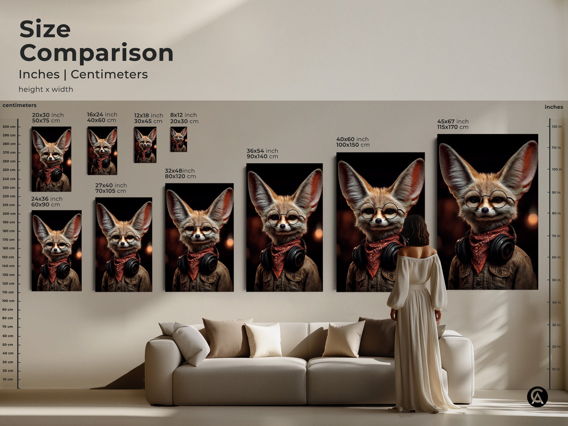 Size comparison of retro Fennec Fox art prints. See how the tan orange brown canvas art looks in different dimensions. Perfect for creating an eclectic office or living room. This headphone wearing fox art is a cool gift.