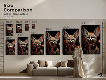 Size comparison of retro Fennec Fox art prints. See how the tan orange brown canvas art looks in different dimensions. Perfect for creating an eclectic office or living room. This headphone wearing fox art is a cool gift.