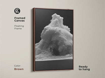 Framed monochrome wave canvas art in a brown floating frame. A black and white ocean print ready to hang. This contemporary sea spray decor enhances any room. The surfer beach wall art brings a calming vibe. Ideal ocean view wall decor for a modern living room.