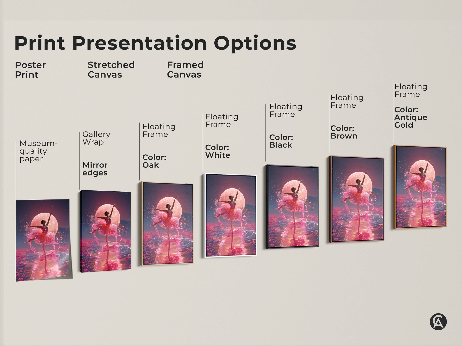 Print presentation options showing a ballerina under a pink moon. Choices include poster print stretched canvas and framed canvas. Various floating frame colors are available for this ballet dancer art.