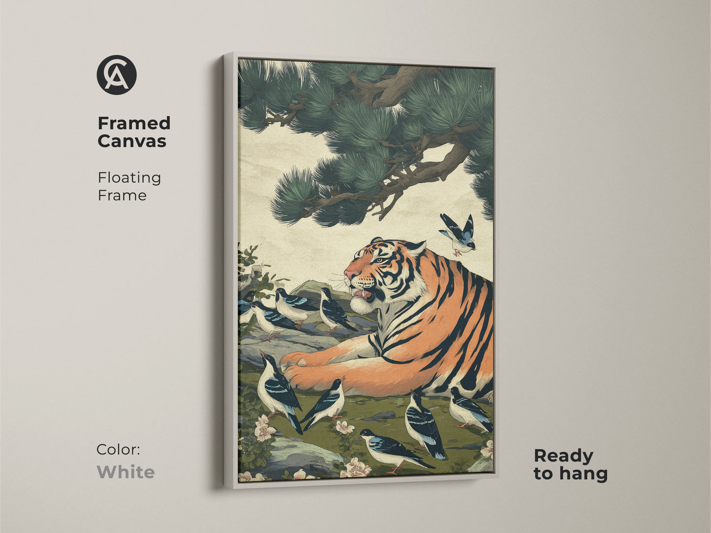 White framed canvas art displays a tiger and birds. Ready to hang this oriental wildlife art enhances your space. Perfect for nature lovers seeking unique wildlife wall art or a housewarming gift.