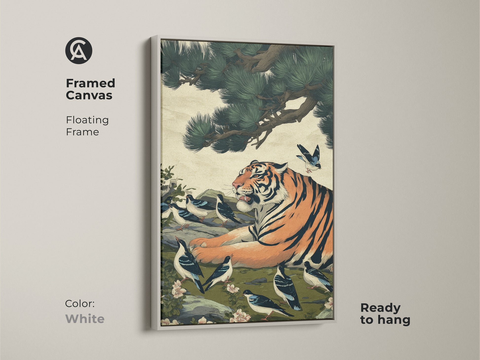 White framed canvas art displays a tiger and birds. Ready to hang this oriental wildlife art enhances your space. Perfect for nature lovers seeking unique wildlife wall art or a housewarming gift.