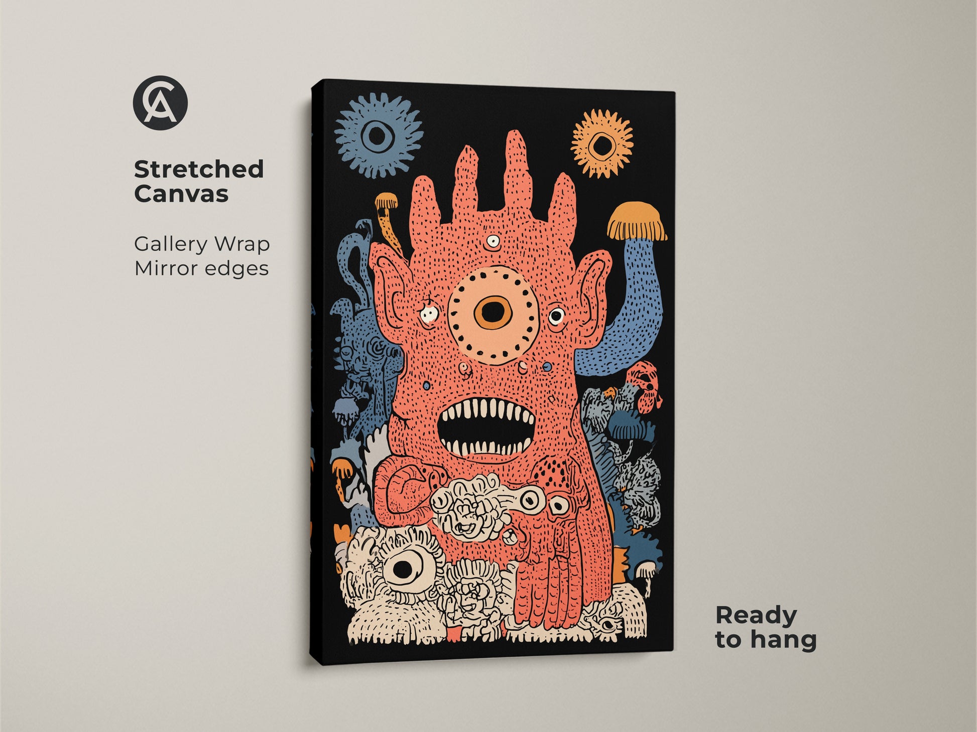 Stretched canvas of a surreal monster art print. This quirky creature wall art is gallery-wrapped with mirrored edges. The abstract orange blue canvas is ready to hang. It's suitable for a playroom or gamer room. This fantasy art is a unique gift.