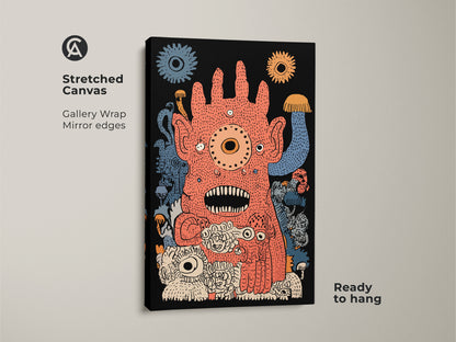 Stretched canvas of a surreal monster art print. This quirky creature wall art is gallery-wrapped with mirrored edges. The abstract orange blue canvas is ready to hang. It's suitable for a playroom or gamer room. This fantasy art is a unique gift.