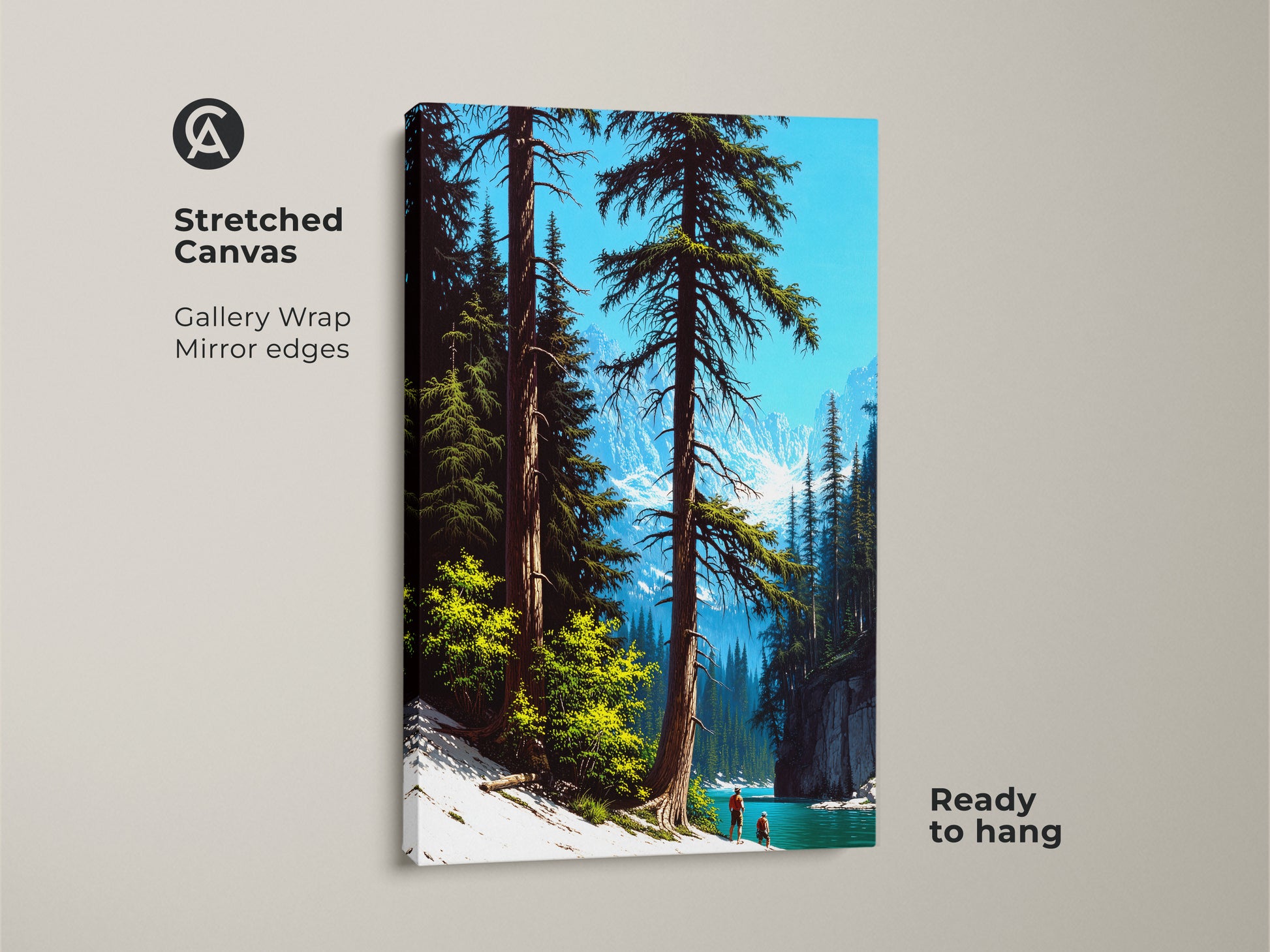 This mountain lake canvas art features gallery wrapped mirror edges. The pine forest wall decor is ready to hang. It's a scenic landscape print perfect for adding a rustic touch to any room. Sky blue and deep green hues capture nature's beauty in a tranquil scene.