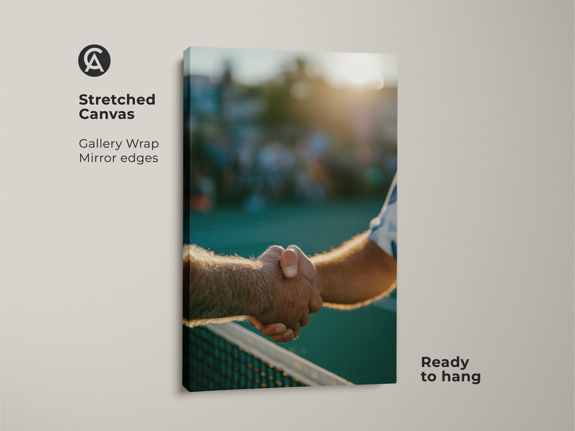 Stretched canvas art featuring a handshake over a tennis net. Gallery wrapped with mirrored edges this piece is ready to hang. Ideal for adding a sporty touch to any room.
