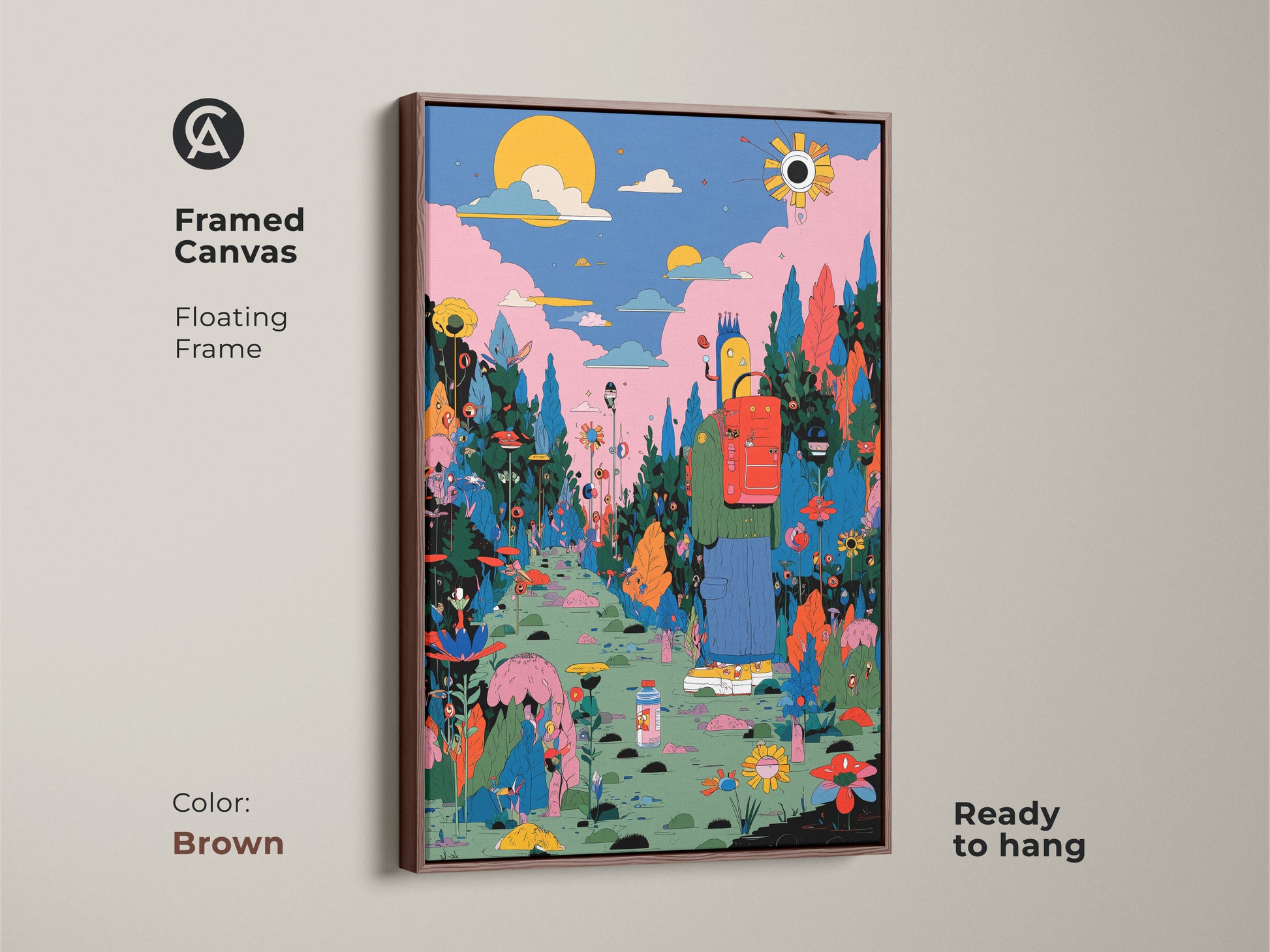 A framed canvas with a brown floating frame presents a colorful fantasy artwork. A figure is seen with a backpack walking a vibrant flower-lined path. Ready to hang and bring art to your decor. This framed art enhances any room's aesthetic. Get yours today and enjoy this unique piece.