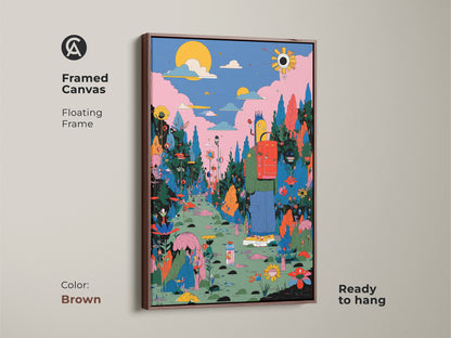 A framed canvas with a brown floating frame presents a colorful fantasy artwork. A figure is seen with a backpack walking a vibrant flower-lined path. Ready to hang and bring art to your decor. This framed art enhances any room's aesthetic. Get yours today and enjoy this unique piece.