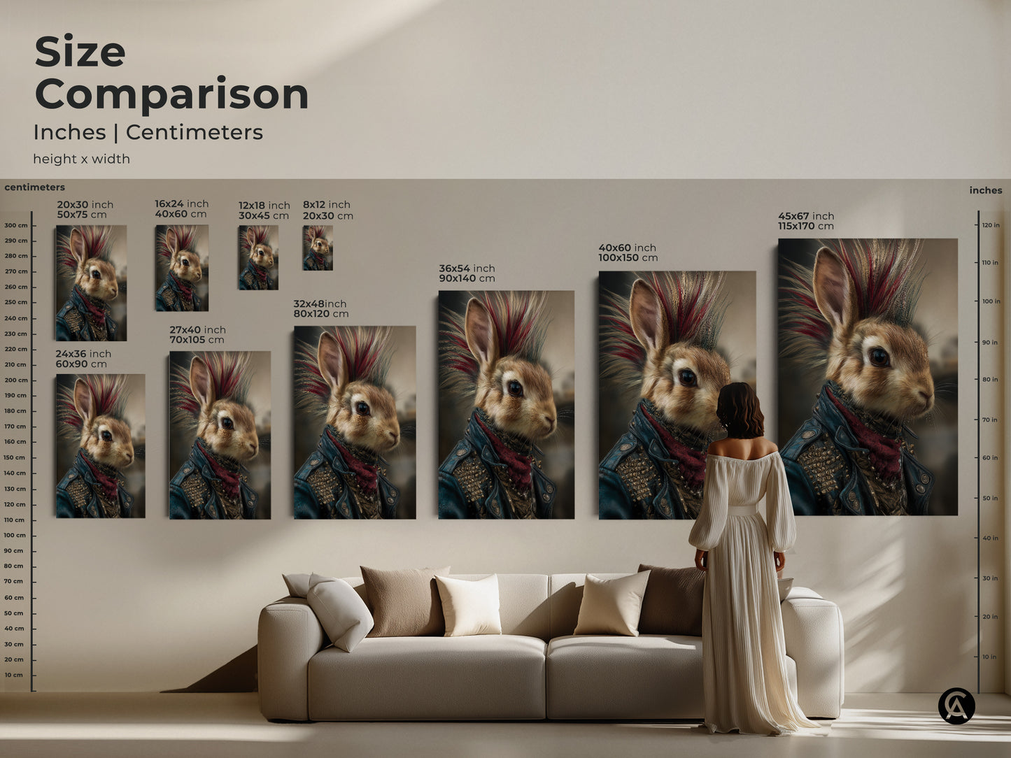 Size comparison featuring the punk rock bunny art in different sizes. This mohawk rabbit artwork is perfect for eclectic home decor. Choose the ideal size to enhance your man cave or study with this unique gothic animal canvas.