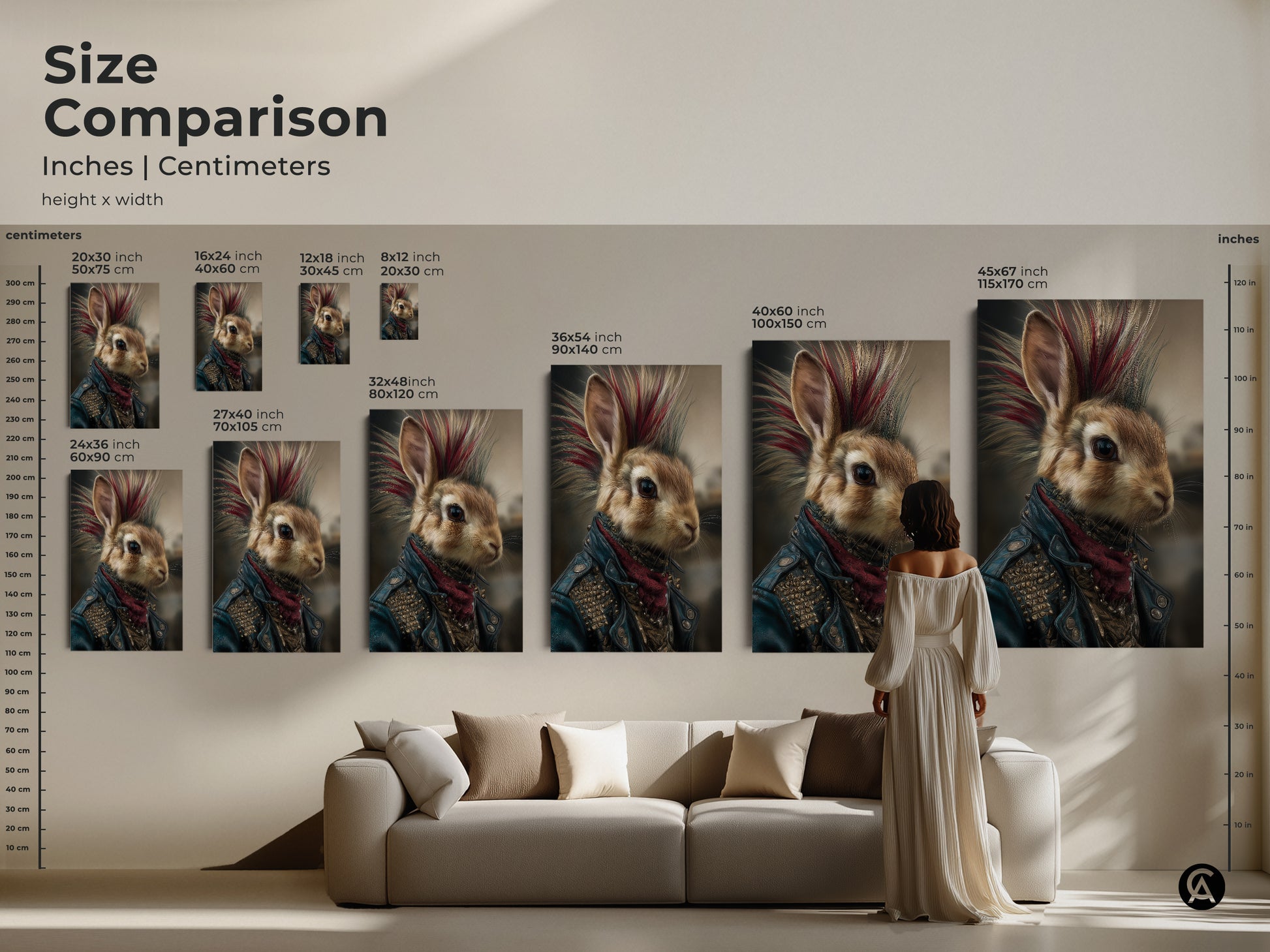 Size comparison featuring the punk rock bunny art in different sizes. This mohawk rabbit artwork is perfect for eclectic home decor. Choose the ideal size to enhance your man cave or study with this unique gothic animal canvas.