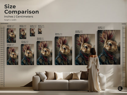 Size comparison featuring the punk rock bunny art in different sizes. This mohawk rabbit artwork is perfect for eclectic home decor. Choose the ideal size to enhance your man cave or study with this unique gothic animal canvas.