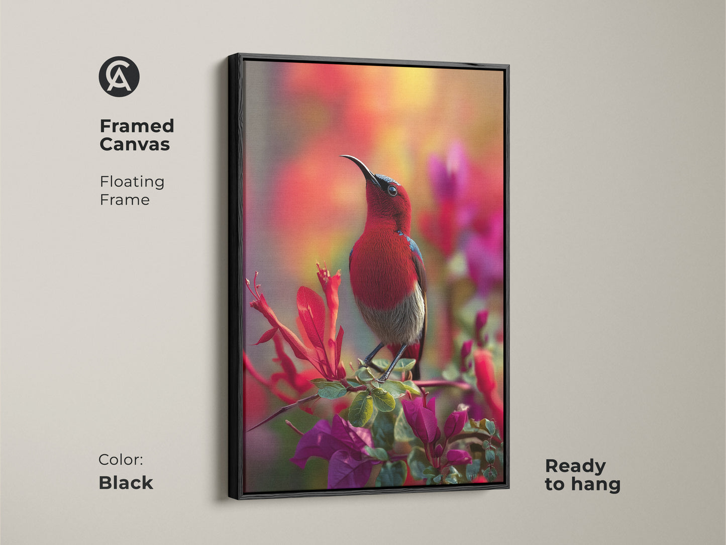 Framed canvas of a Red Sunbird with a black floating frame. Ready to hang this vibrant bird artwork adds a touch of nature. Its photorealistic details and colorful floral background enhance any space.