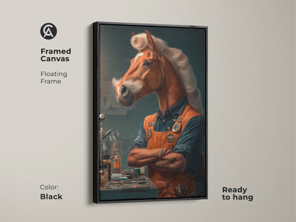 Framed canvas of an eclectic horseman portrait in a black floating frame. This equestrian art print is ready to hang. It brings a unique vibe to any space especially an office or study. A thoughtful gift for horse and animal lovers.