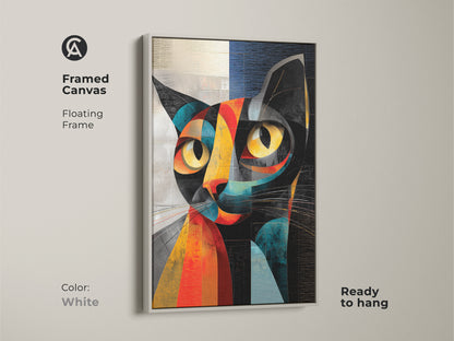 Framed canvas presenting a cubist abstract cat artwork with a white floating frame. The geometric feline art offers a clean modern look. Ready to hang the animal canvas print complements various interior styles. A unique and colorful cat wall art.