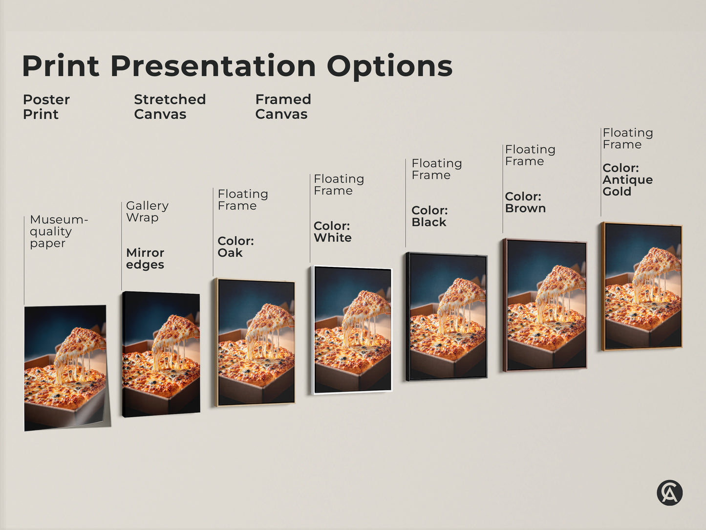 Print presentation options for pizza artwork. Choose from a poster print stretched canvas or framed canvas. Select a black brown white or antique gold floating frame. Museum-quality paper and mirror edges.