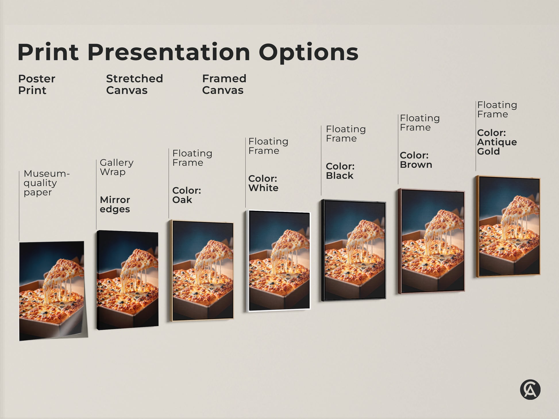 Print presentation options for pizza artwork. Choose from a poster print stretched canvas or framed canvas. Select a black brown white or antique gold floating frame. Museum-quality paper and mirror edges.