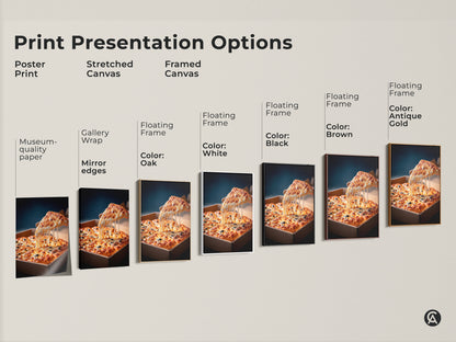 Print presentation options for pizza artwork. Choose from a poster print stretched canvas or framed canvas. Select a black brown white or antique gold floating frame. Museum-quality paper and mirror edges.