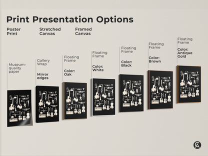 Explore print presentation options for musical instrument artwork. Choose from poster prints stretched canvases and framed canvases. Frame colors include black brown antique gold oak and white. Find the perfect style to complement your musical aesthetic