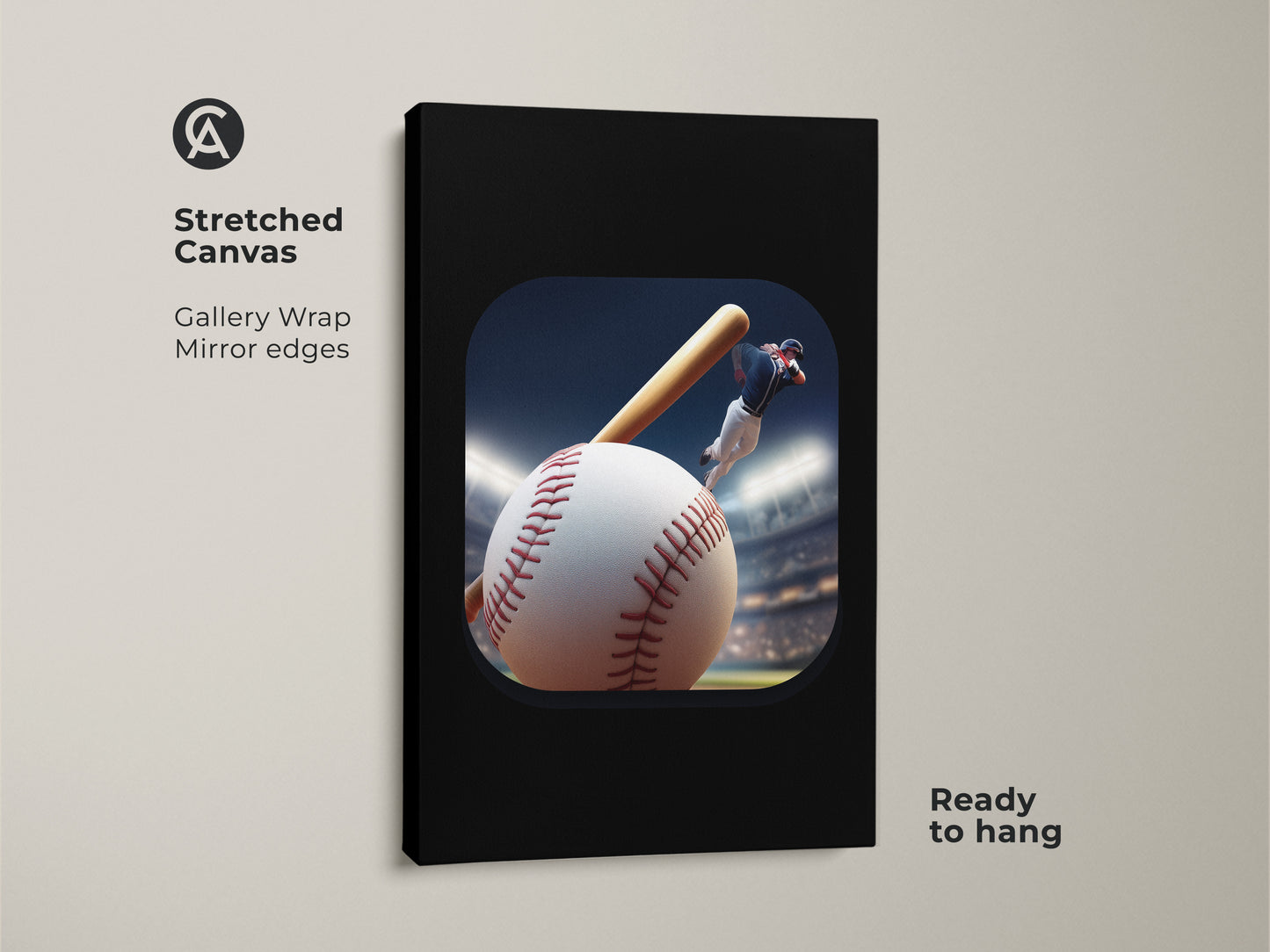Stretched canvas print showing baseball player art. It's a sports wall art ideal for a man cave. The gallery wrap has mirror edges. This contemporary baseball decor is ready to hang. It's a dynamic sports artwork. Perfect baseball art for office wall. It is a great gift for baseball fan dad.