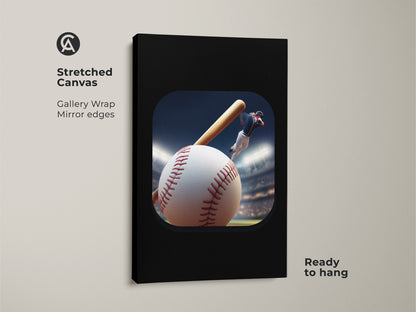 Stretched canvas print showing baseball player art. It's a sports wall art ideal for a man cave. The gallery wrap has mirror edges. This contemporary baseball decor is ready to hang. It's a dynamic sports artwork. Perfect baseball art for office wall. It is a great gift for baseball fan dad.