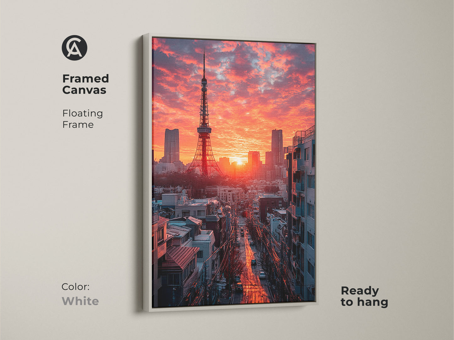 The Framed Canvas presents the Tokyo Tower. The crimson sunset enhances the urban photography art. A white floating frame adds elegance. This skyscraper skyline art is ready to hang. Perfect for contemporary home decor. A touch of Japanese architecture.
