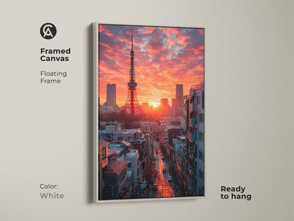 The Framed Canvas presents the Tokyo Tower. The crimson sunset enhances the urban photography art. A white floating frame adds elegance. This skyscraper skyline art is ready to hang. Perfect for contemporary home decor. A touch of Japanese architecture.