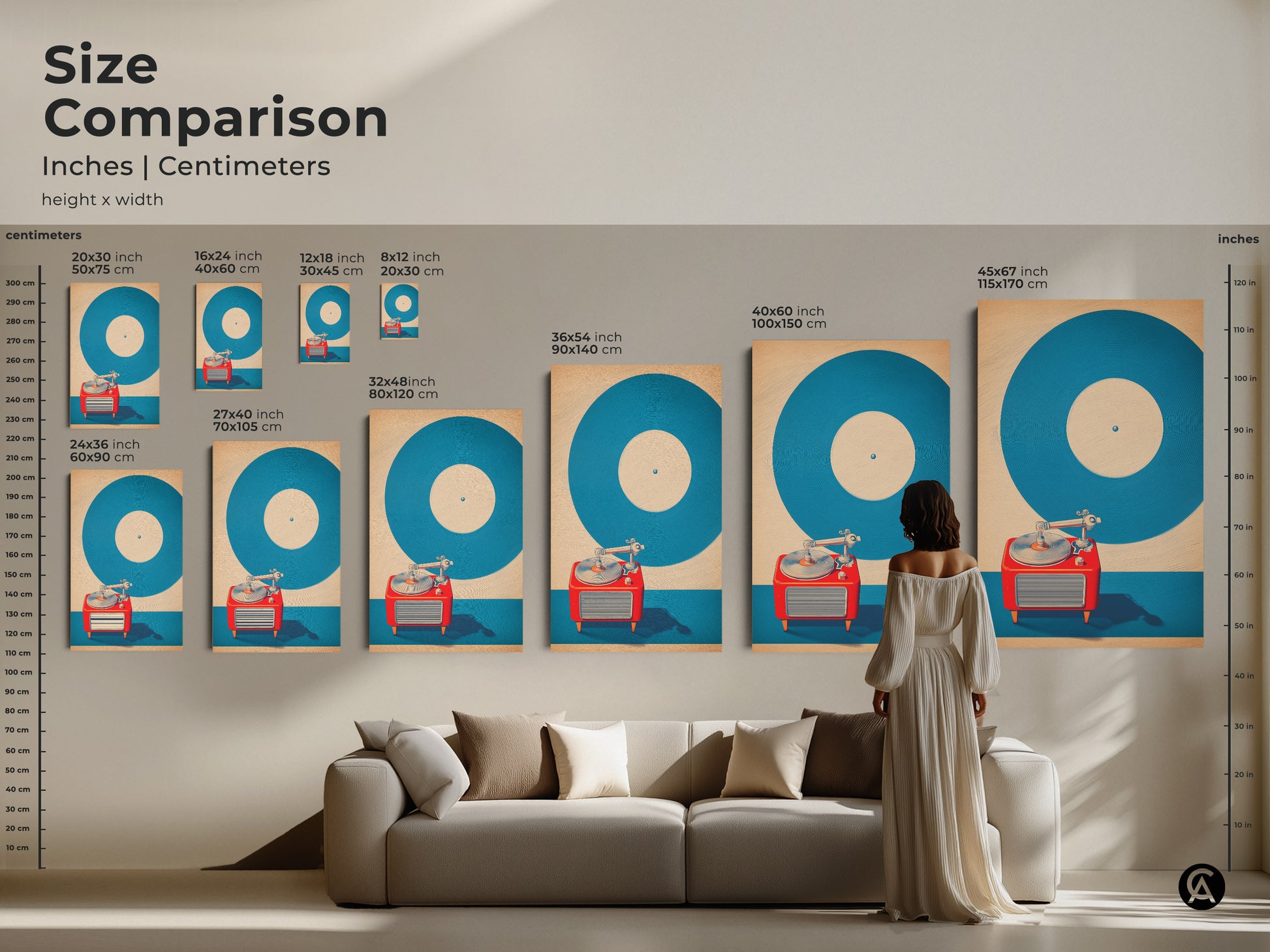Size comparison of mid-century modern turntable art in inches and centimeters. Various sizes of teal and red music wall art displayed above a couch. Vintage record player poster options to fit any room. See how the sizes look in a living space. Perfect scale for a record store wall decor.