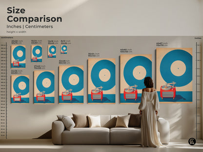 Size comparison of mid-century modern turntable art in inches and centimeters. Various sizes of teal and red music wall art displayed above a couch. Vintage record player poster options to fit any room. See how the sizes look in a living space. Perfect scale for a record store wall decor.