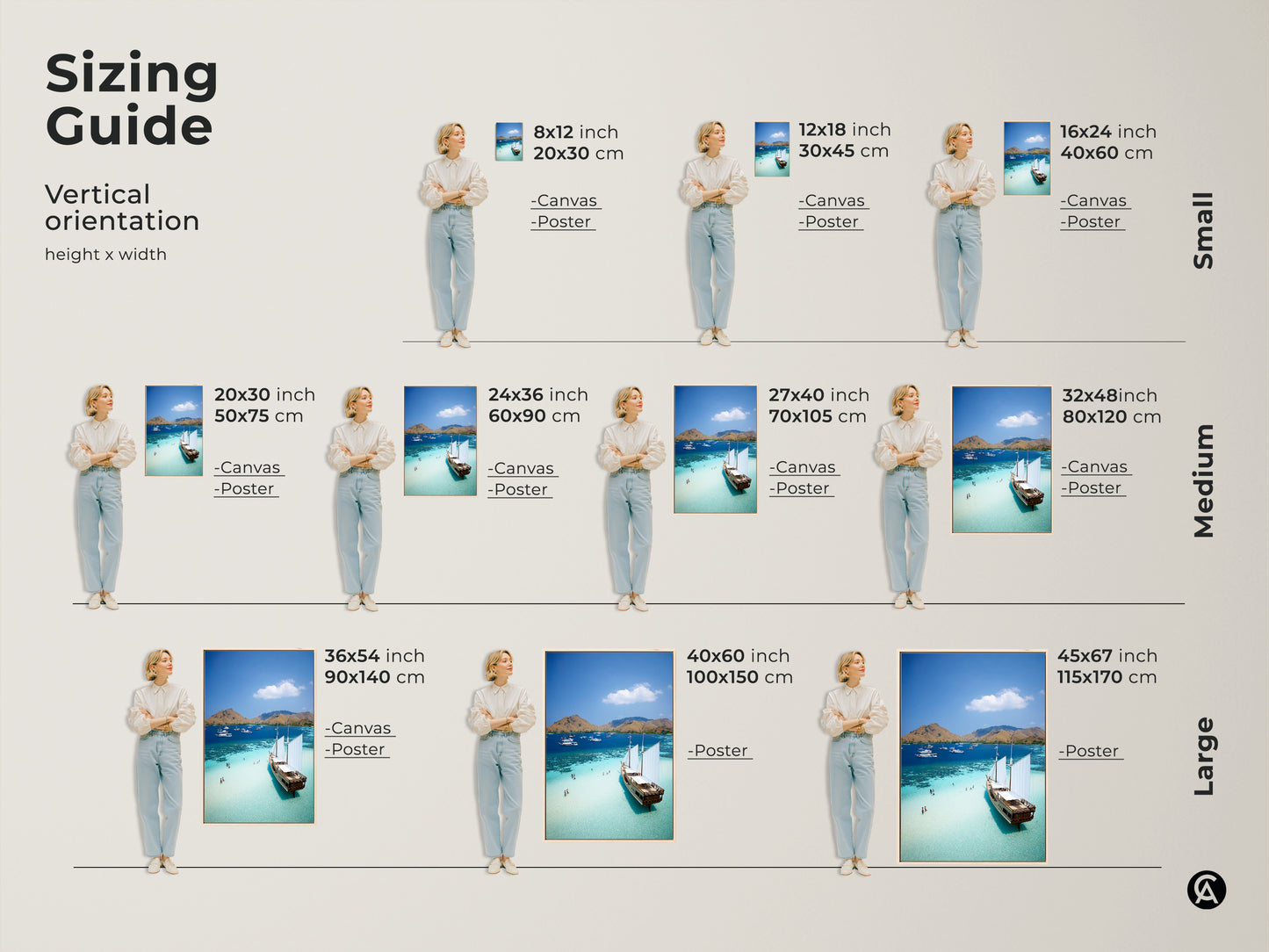 Find the perfect fit with our vertical sizing guide. The canvas and poster options range in size. See how this aerial ocean artwork transforms spaces. Sizes range from small to large. Choose the ideal coastal landscape wall art for your beach house. Envision sailboats in turquoise waters.
